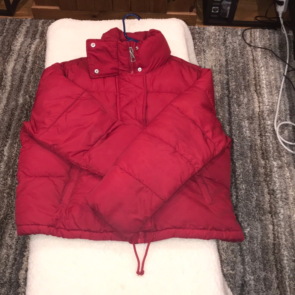 Red puffer coat